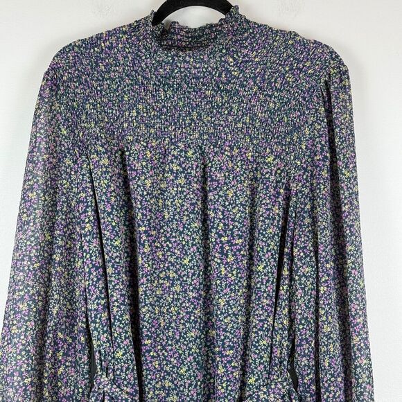 Boden Smocked Yoke Mini Dress Women's 20 Blue Pleated Tie Belt Cuff Sleeve Boho - Picture 2 of 10